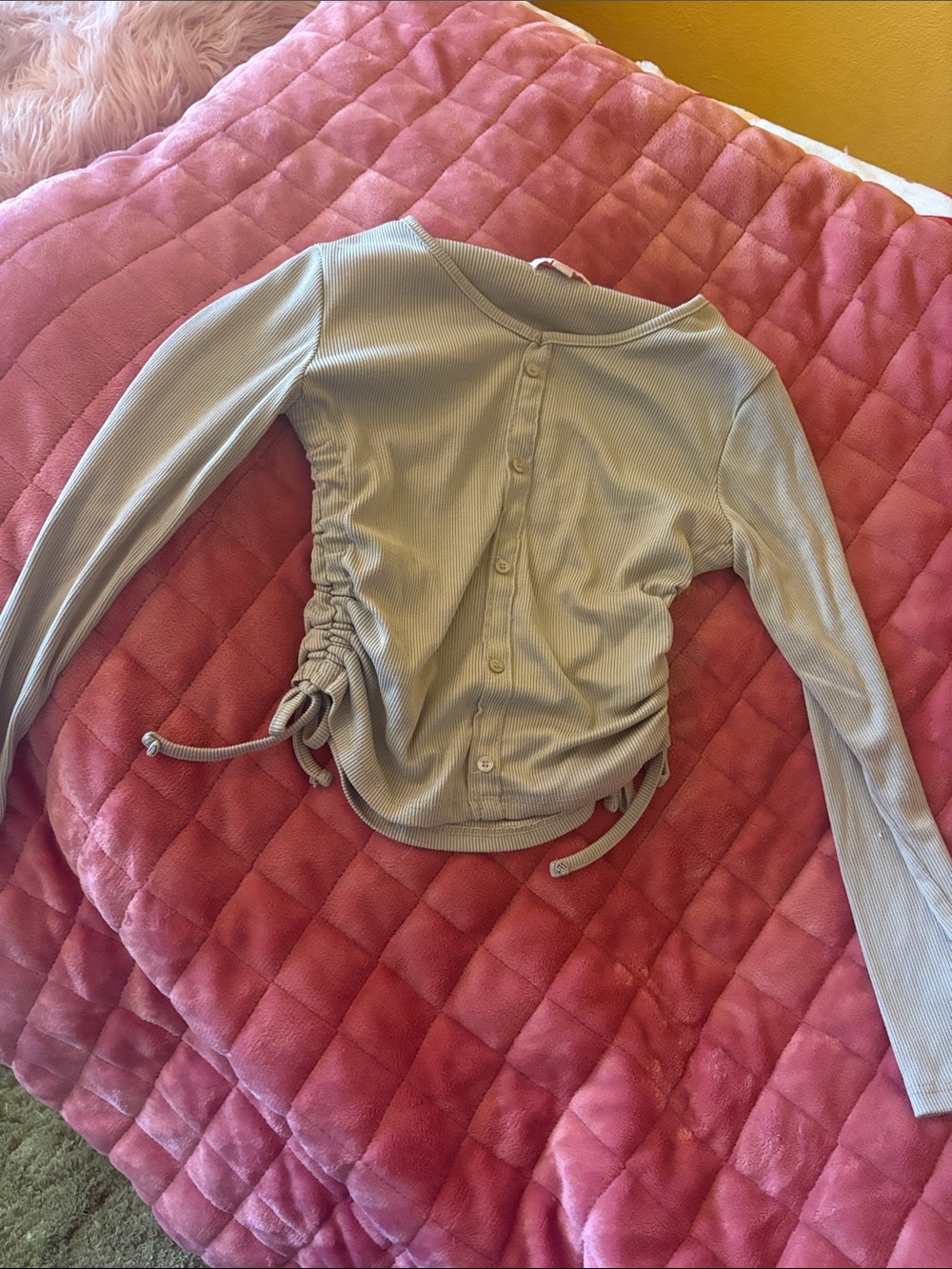 Ruched Side-Drawstring Button-Front Long Sleeve Top in Light Sage
